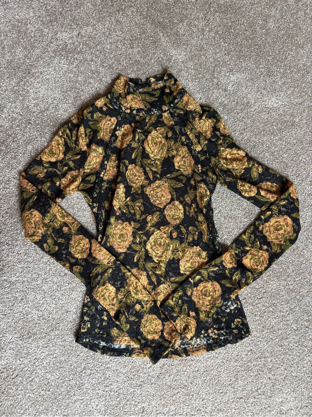 Free People Floral Lace Long-Sleeve Mock Neck Top - Black & Brown - Picture 3 of 5